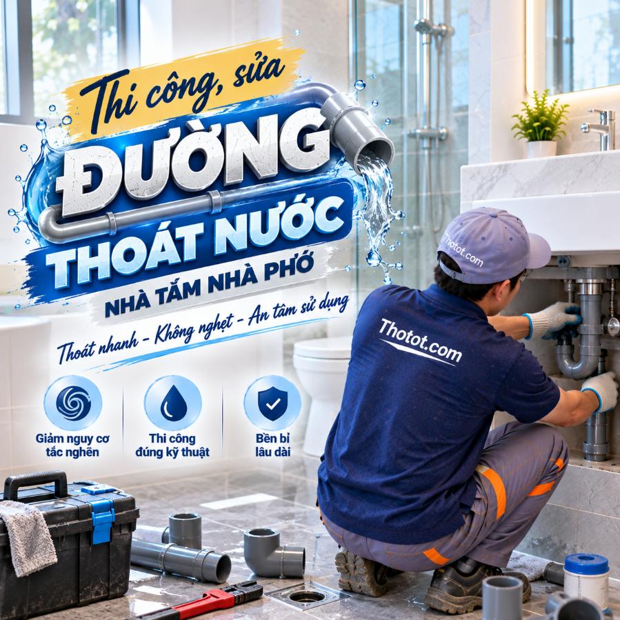 Thi công, sửa đường thoát nước nhà tắm nhà phố